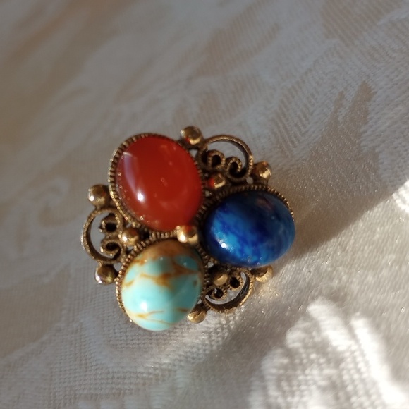 1960s Gold toned, Faux turquoise , Carnelian lapis lazuli Stones Cabochons Glass - Picture 3 of 7